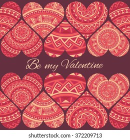 Cute design template with seamless ribbons of ethnic hearts isolated on dark red background.Vector illustration. Decorative elements for cards, gifts, crafts on st. Valentines day