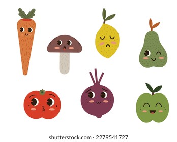 Cute design vector illustration with kawaii eyes, fruit and vegetables	
