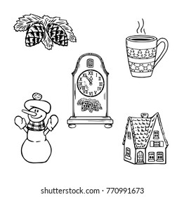 Cute designed elements for holyday season. Vector illustrations. Illustration of antique clock, snowman, fir-tree branches with cones, gingerbread house, ?up of steaming cocoa, tea or coffee.