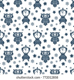 Cute designed seamless pattern for holyday season. Vector illustration. Seamless pattern with antique clocks, owl and snowflakes.