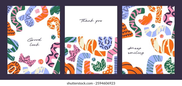 Cute designs of cards with borders of abstract lines, elements. Templates of funny postcards with frames of geometric shapes, figures are decorated with doodles, scribbles. Flat vector illustrations