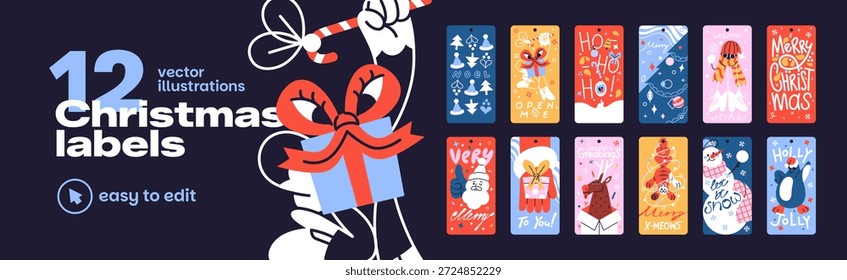 Lindos diseños de Navidades conjunto de etiquetas. Plantillas divertidas de etiquetas de Navidad para regalos de vacaciones de invierno. Diseños imprimibles de tarjetas de felicitación para los regalos de Año Nuevo de Santa Claus. Ilustraciones vectoriales planas