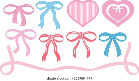 Cute designs of hearts and ribbons for sticker, girly stuff, women empowerment, patch, brooch, fabric print, pin, barbie, Valentine card, campaign logo, pink stuff, love decoration, fashion, accessory