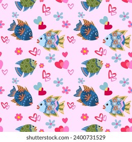 Cute desing fish with heart shape seamless pattern for fabric textile wallpaper. 
