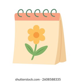 Cute desk calendar with flower on cover. Bright cartoon style perfect for springtime planning.