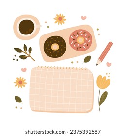Cute desk flat lay vector illustration, top view of table with notebook, coffee, donuts, pencil, and flowers	