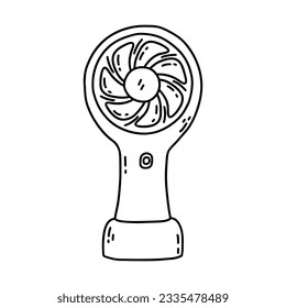 Cute desktop electrical fan. Cooling air conditioning unit in hot weather. Black and white vector isolated illustration hand drawn. Outline doodle blower. Icon or card