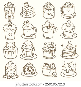 CUTE DESSERT AND CAKE OUTLINE ILLUSTRATION