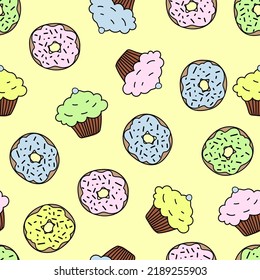 tira de postre lindo patrón sin costura, donut y quequitos de fondo amarillo