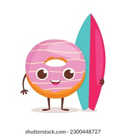 Cute dessert character. Donut with icing holding a surfboard. Summer time.