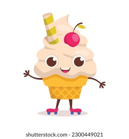 Cute dessert character. Vanilla ice cream in a cone on rollers. Summer time.