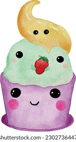 Cute dessert character watercolor illustration- Different expression