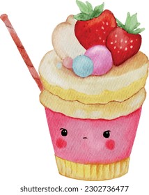 Cute dessert character watercolor illustration- Different expression