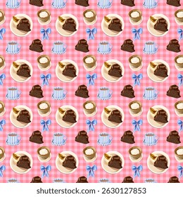 Cute Dessert and Coffee Seamless Pattern on Pink Gingham Background