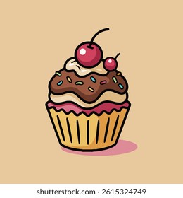 Cute Dessert Cupcake with Whipped Topping and Cherry Vector Illustration