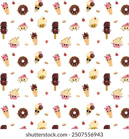 Cute Dessert Delight Pattern. The design showcases a variety of sweet treats, including ice cream, cupcakes, pies, donuts, and popsicles, all featuring bright and cheerful faces. 