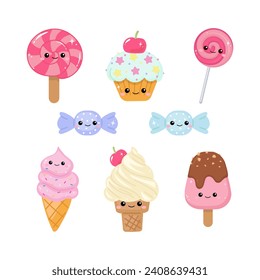 Cute dessert with ice cream, cupcake, and candy collection clipart