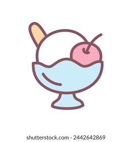 Cute dessert icon. Hand drawn illustration of an ice cream scoop with cherry in a glass bowl isolated on a white background. Kawaii sticker. Vector 10 EPS.
