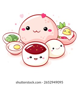 Sobremesa bonito em estilo kawaii.Pães tradicionais chineses mantou, legumes e sopa. Pode ser usado para impressão de camiseta, adesivo, cartão de saudação. Ilustração vetorial EPS8
