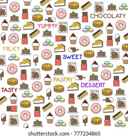 Cute dessert, pastry pattern. Background with donut, pancakes, eclair, macaroons, chocolate bar, cookies, cake, ice cream. Cafe menu design element.