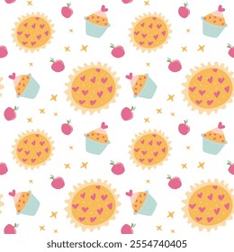 Cute dessert pattern with pies, cupcakes, and apples on white background.