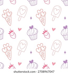 Lindo patrón de postre sin fisuras con cupcakes, helados y fresas