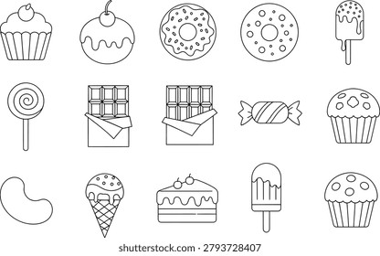 Cute dessert snack doodle icon collection in hand drawn line art style