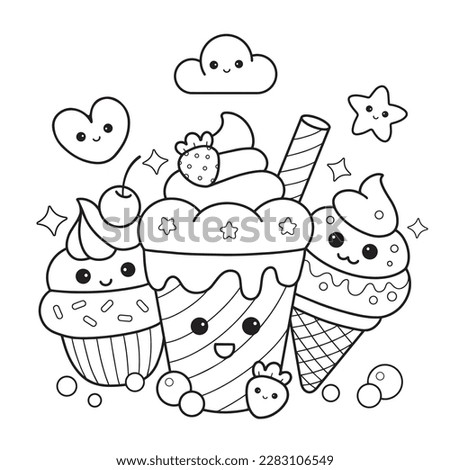 Cute dessert sweets food cupcake and ice cream drawing coloring page