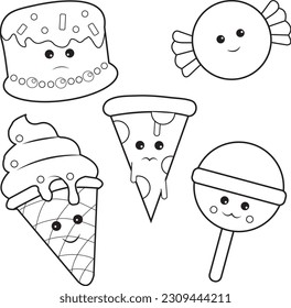 Cute dessert sweets food and ice cream. Black outline drawing perfect for coloring page or book for children or adults.