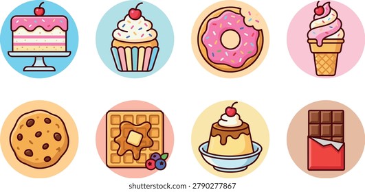 Cute dessert vector illustration set with cake, cupcake, donut, ice cream cone, cookie, waffle, flan, and chocolate bar for bakery menus