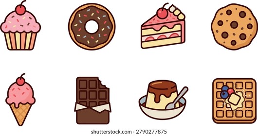Cute dessert vector illustration set with cupcake, donut, cake slice, cookie, ice cream cone, chocolate bar, flan, and waffle for bakery menus