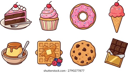 Cute dessert vector illustration set with cake slice, cupcake, donut, ice cream cone, pudding, waffle, cookie, and chocolate bar for bakery menus