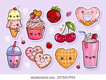 Cute desserts and berries in Kawaii style Sticker Set. Loving cherries, heart-shaped donut, milkshake. Vector illustration