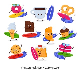 Cute desserts characters on surfboard cartoon illustration set. Funny sweet cake, croissant, donut in sunglasses cupcake and ice cream surfing in ocean. Food, water sport, summer concept