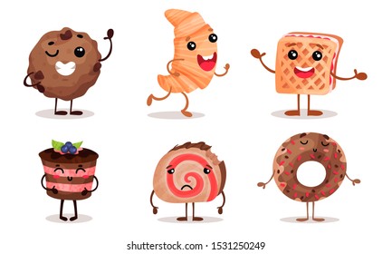 Cute desserts with face, arms and legs. Vector illustration.