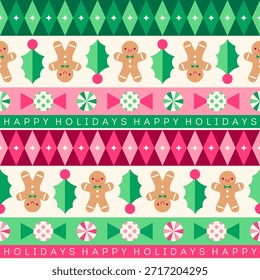 Cute desserts and geometric elements seamless striped pattern design for christmas holidays background.