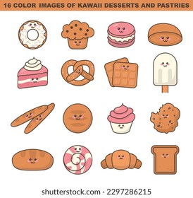 Postres y bollería, pegatinas o íconos. Platos dulces kawaii con emojis sonrientes al estilo de las caricaturas. Desayuno, comida de la calle y pan. Panadería y confitería. Ilustración vectorial plana