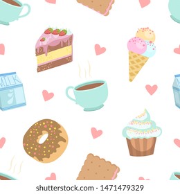 Cute Desserts Seamless Pattern, Cake, Cupcake, Donut, Cookie, Ice Cream, Cup of Coffee Design Element Can Be Used for Textile, Wallpaper, Packaging, Background Vector Illustration