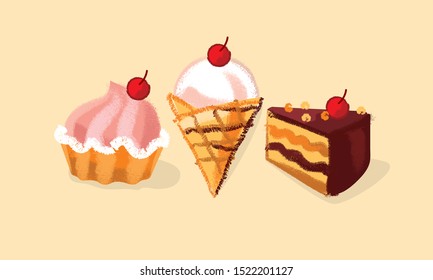 Cute desserts set for card, header, invitation, poster, social media, post publication. Funny ice-cream, cake and tart for kids projects. vector illustration of kiddy style sweets