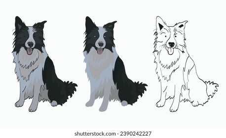 Cute detailed Border Collie Drawing. Cartoon style. Popular character. Black stroke, dog outlines. Dog silhouette. Flat style. Dog stickers set. Cartoonish icon. Design for dog lovers. Collection