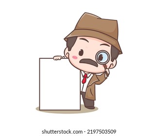 Cute detective cartoon mascot character. Chibi illustration vector art. Profession Icon Concept Isolated. Flat logo Cartoon Style