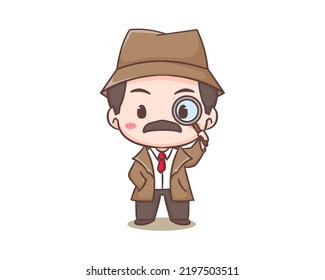 Cute detective cartoon mascot character. Chibi illustration vector art. Profession Icon Concept Isolated. Flat logo Cartoon Style