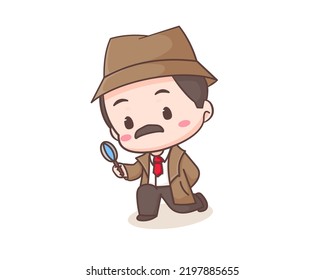 Cute detective cartoon mascot character. Chibi illustration vector art. Profession Icon Concept Isolated. Flat logo Cartoon Style