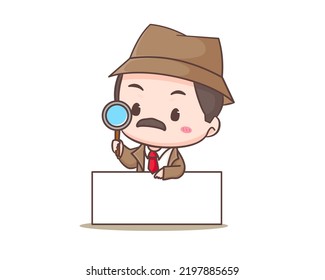 Cute detective cartoon mascot character. Chibi illustration vector art. Profession Icon Concept Isolated. Flat logo Cartoon Style