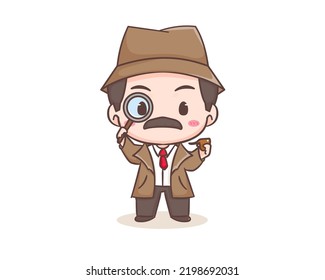 Cute detective cartoon mascot character. Chibi illustration vector art. Profession Icon Concept Isolated. Flat logo Cartoon Style