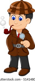 cute detective cartoon posing with magnifying glass