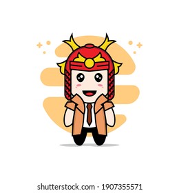Cute detective character design wearing samurai helmet costume. Mascot design concept