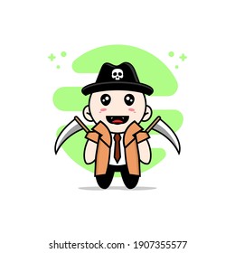 Cute detective character design wearing angel of death costume. Mascot design concept