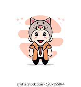 Cute detective character wearing cat costume. Mascot design concept