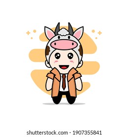 Cute detective character wearing cow costume. Mascot design concept